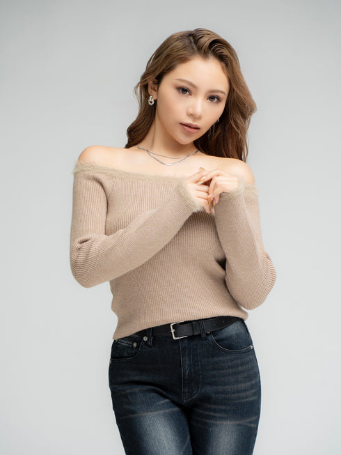 端シャギータイトオフショルニットトップス